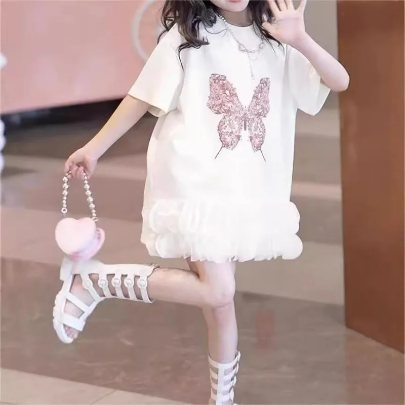 Girl's Sparkling Butterfly T-shirt Skirt 2024 Summer Printed Long Skirt Children's Summer Dress Girls Clothes Vestido Niña image 4