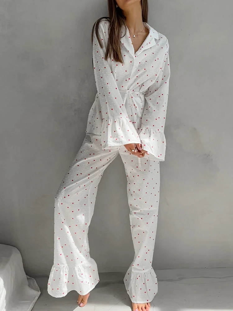 Linad Print Pajamas For Women 2 Piece Sets Cotton Long Sleeve Sleepwear Female Casual Trouser Suits Autumn Fashion Nightwear