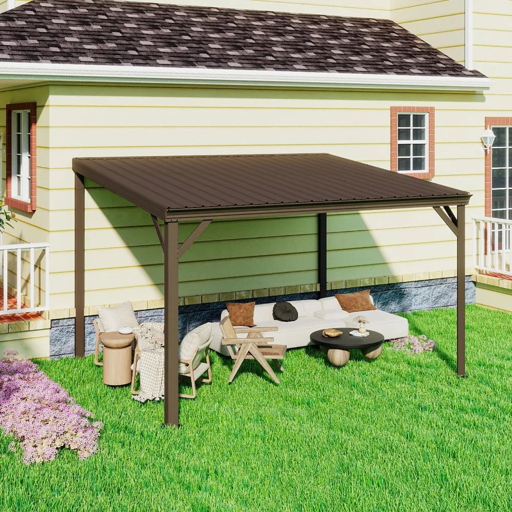 

10’x12’ Wall-Mounted Hardtop Gazebo Pergola – Permanent Lean-to Outdoor Shelter with Sloped Galvanized Steel Roof & Upgrade