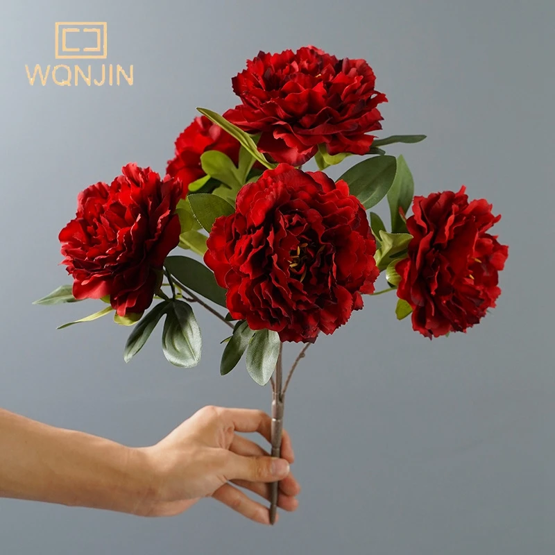 5 Heads Big Red Silk Artificial Peony Bouquet Flowers Decoration Wedding Home Table Large Fake Flowers Valentines Day Supplies