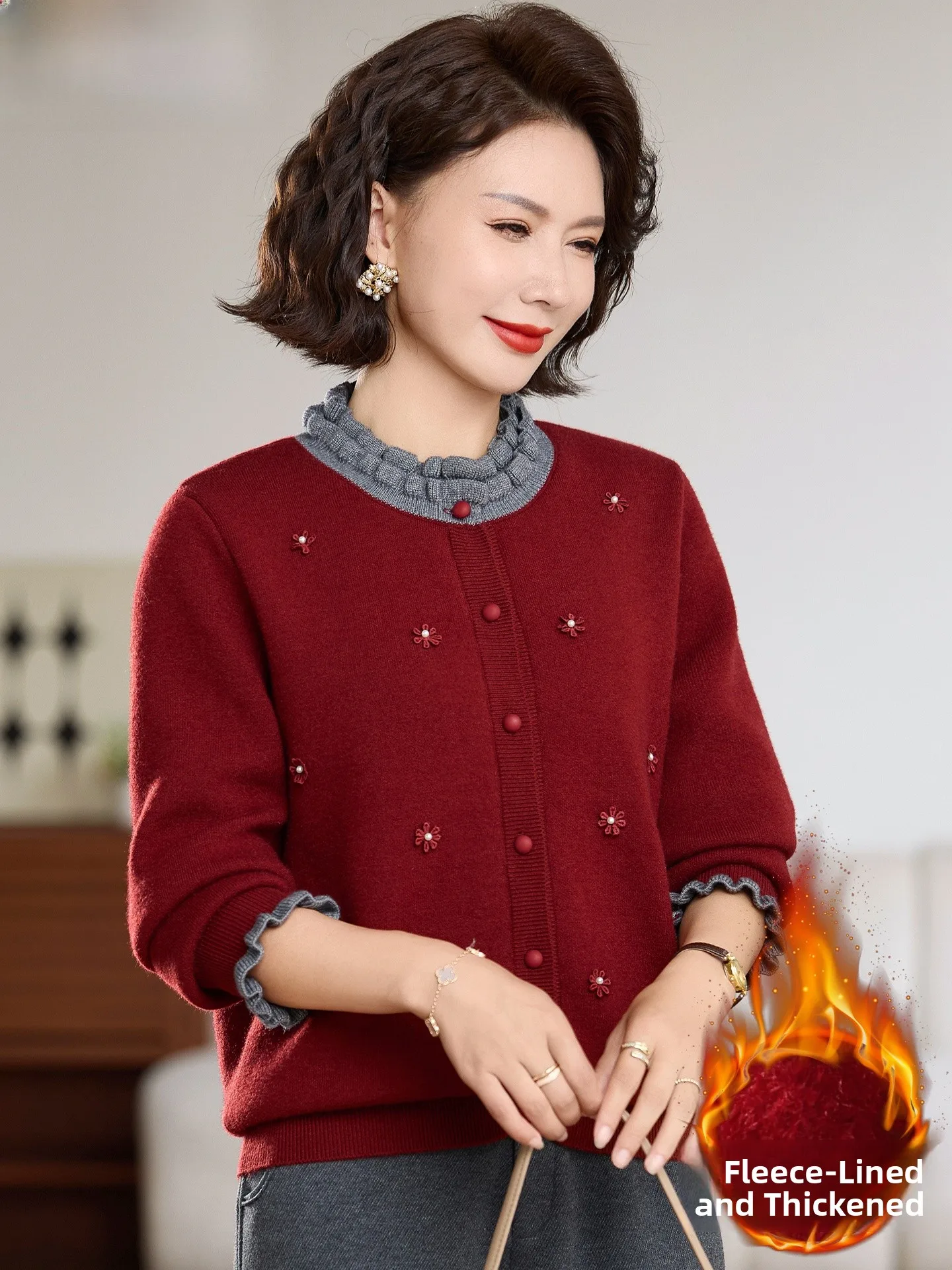 

Модный красный утепленный женский трикотажный свитер на флисовой подкладке для женщин среднего и старшего возраста, теплый зимний свитер