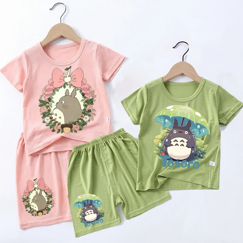 Totoro Girl Boy Sleepwear Anime Cartoon Pyjamas Set Children Short Sleeves Shorts Kids T Shirt Pajamas Summer Clothes Home Wear