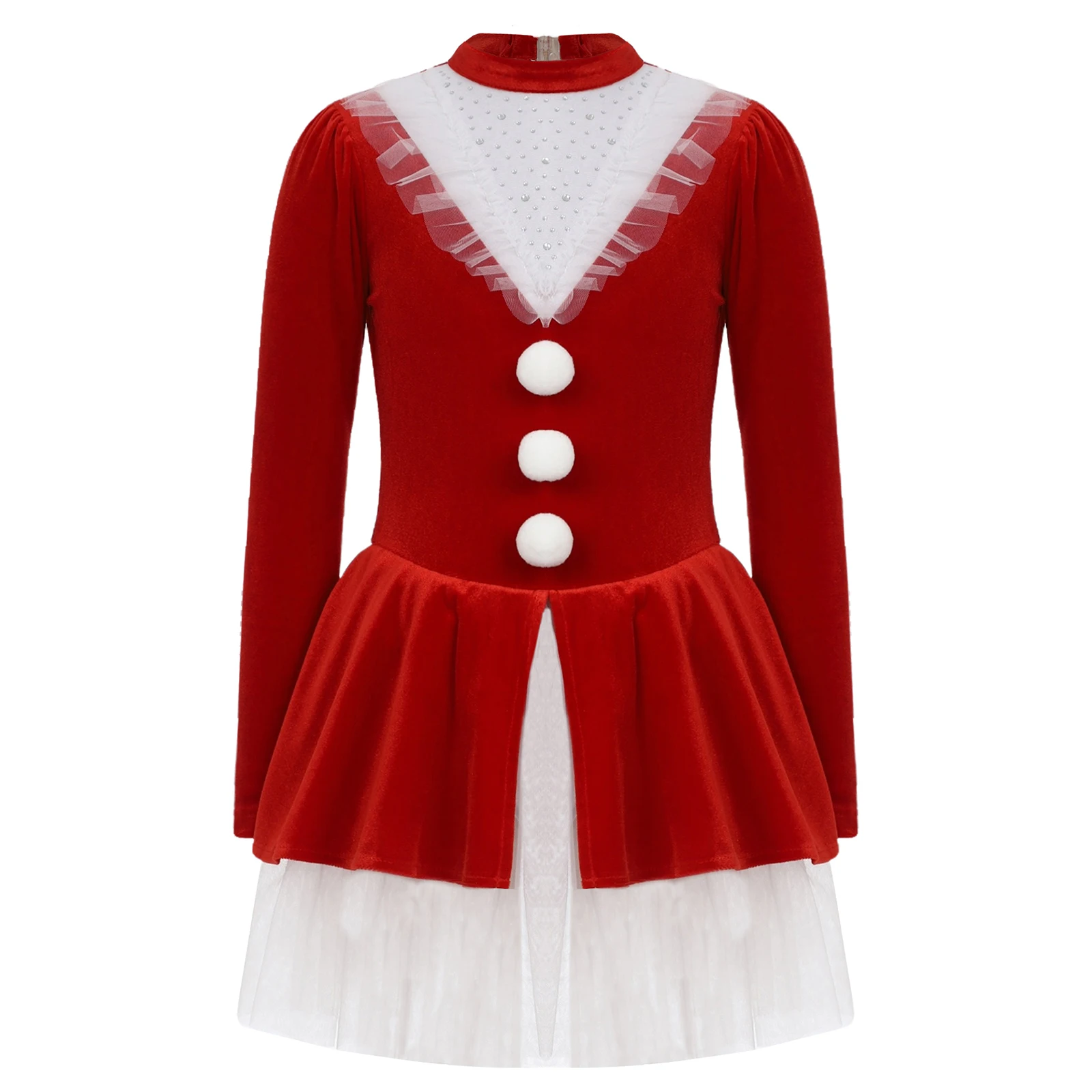 Robe justaucorps de noël pour enfants filles, strass, manches longues, découpe au dos, robe de fête de Festival de noël, robe Tutu de patinage artistique