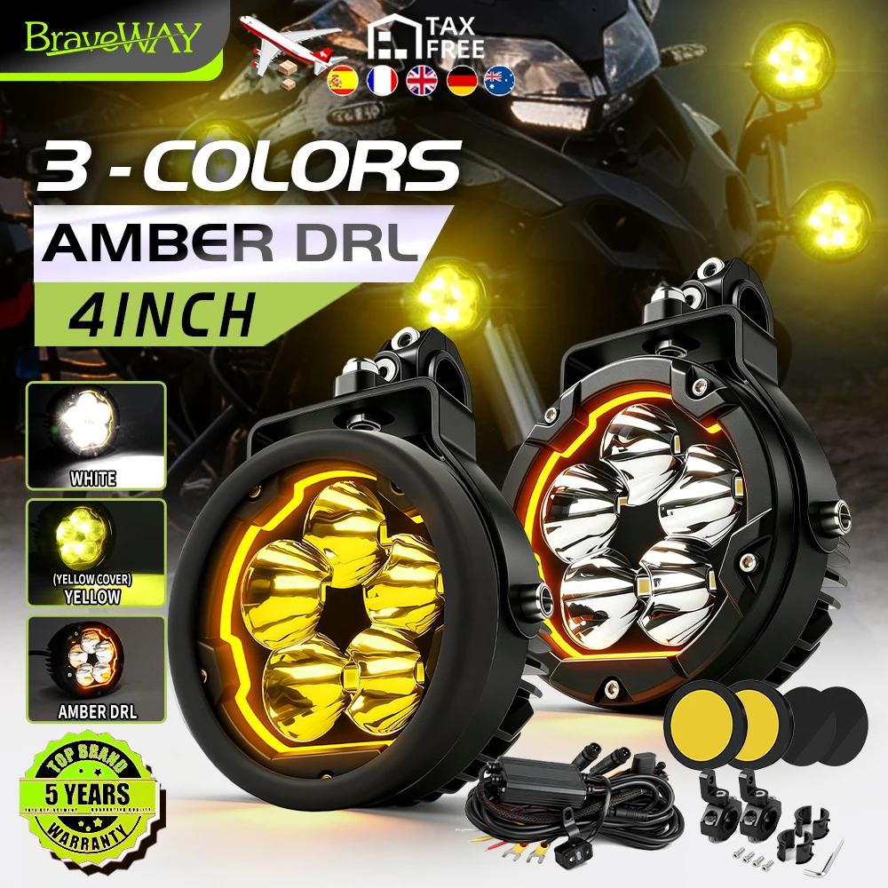 BraveWay 4 Zoll Motorrad-LED-Zusatzscheinwerfer, 2 Stück, Weiß, Gelb, Bernstein, DRL, wasserdichte Motorrad-Scheinwerfer mit Kabelbaum-Montagesatz für BMW