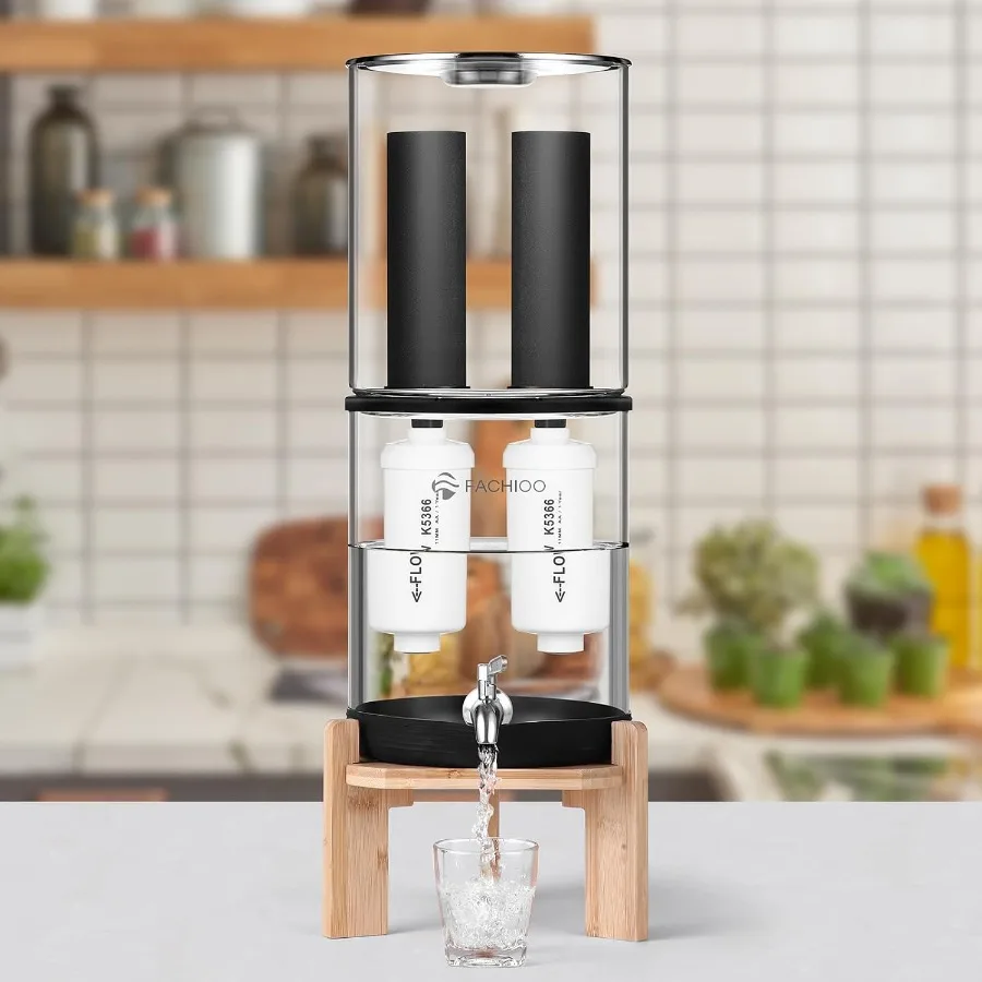 Sistema de filtro de água por gravidade de vidro de bancada com 2 elementos certificados NSF ANSI 42 pretos e 2 filtros de remoção de fluoreto Meta