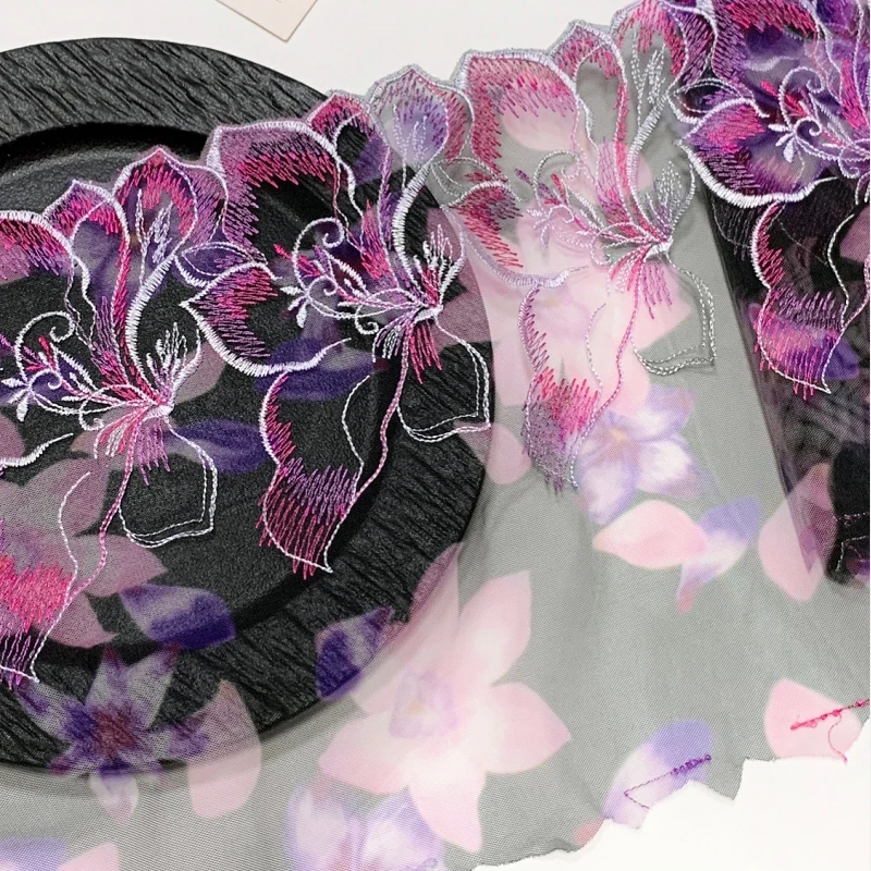 2meters Pink Purple Print Handmade DIY Guipure Embroidery Elastic Lace Trim Tail Lace Fabric Garment Accessories