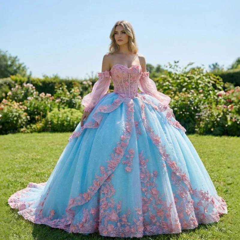 

Shiny Blue Quinceanera Dress glitter Decal Lace layering 3D flower Long tail Bow Vestidos De 15 Quinceanera ﻿Customize