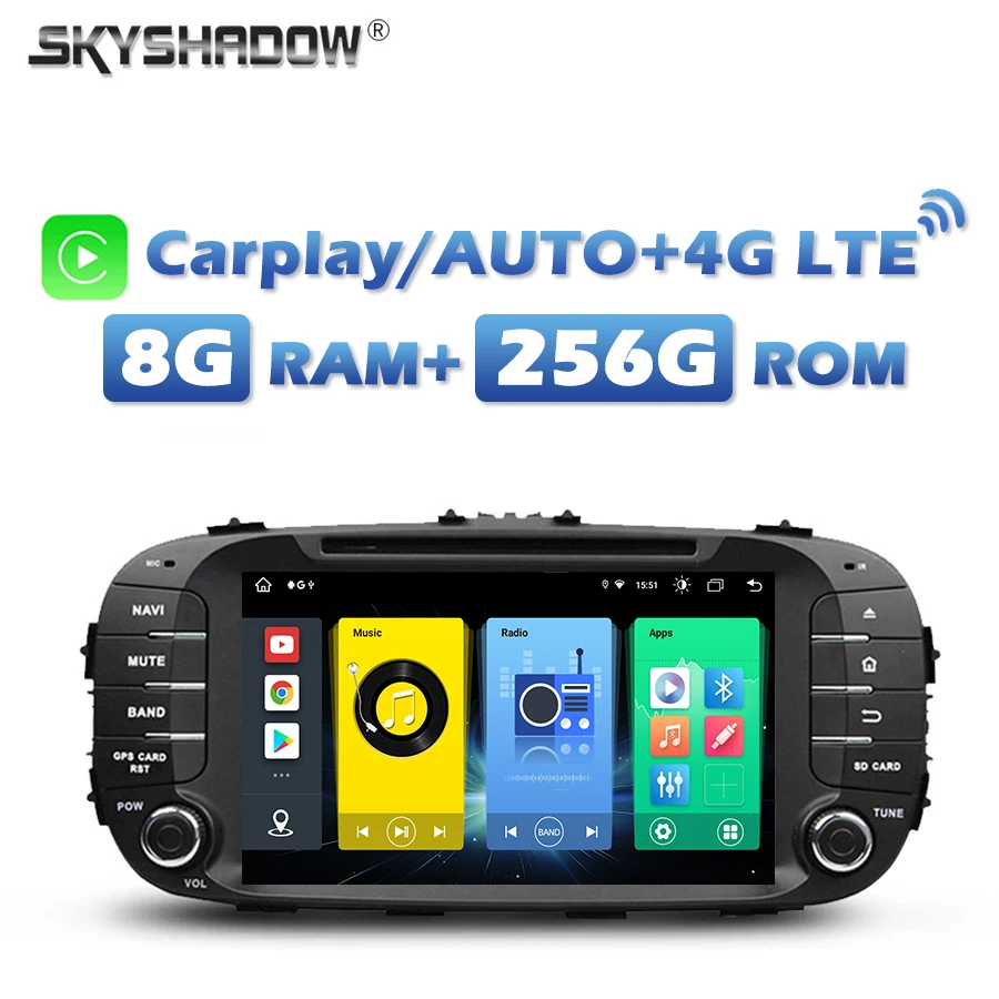 

720P 4G SIM Car DVD Player DSP IPS TDA7851 Carplay Android 13.0 8G+256G Bluetooth Wifi GPS Map RDS Radio For kia SOUL 2014 -2018