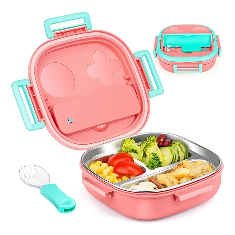 Leak-Proof 3-Compartment Lunch Box With Cutlery Stainless Steel Kid Bento Box For Kids Ages 1 To 3 Pink