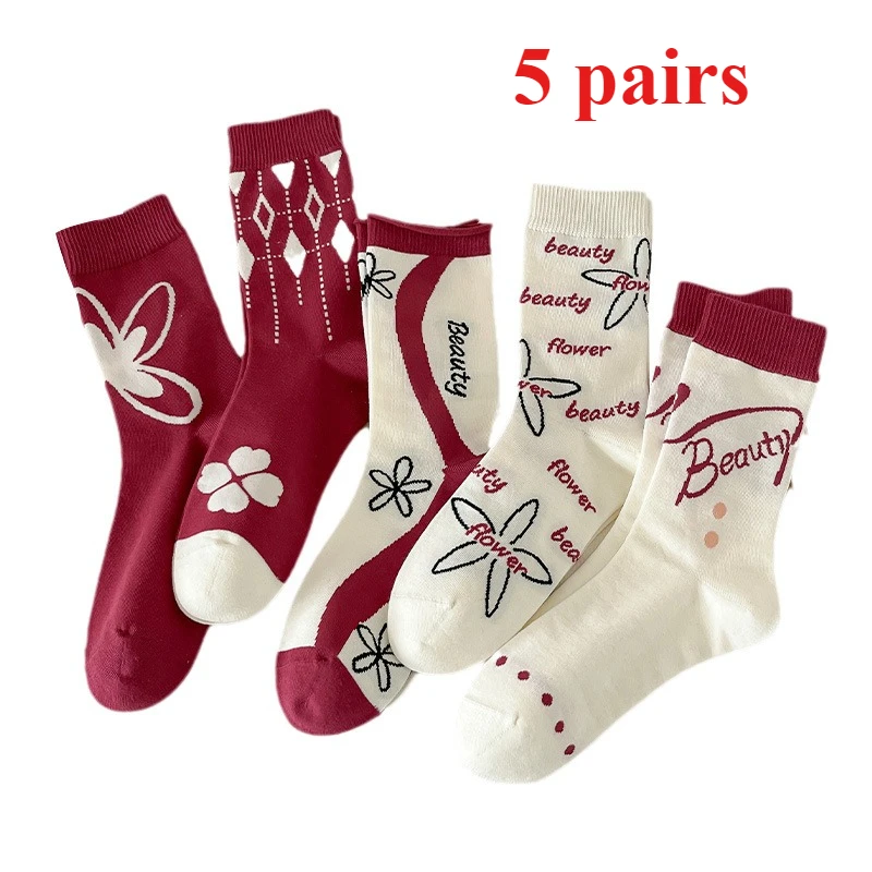5 Pairs of Spring/summer Women's Medium Sized Socks with Soft and Comfortable Rose Red Retro Flowers Casual Women's Socks