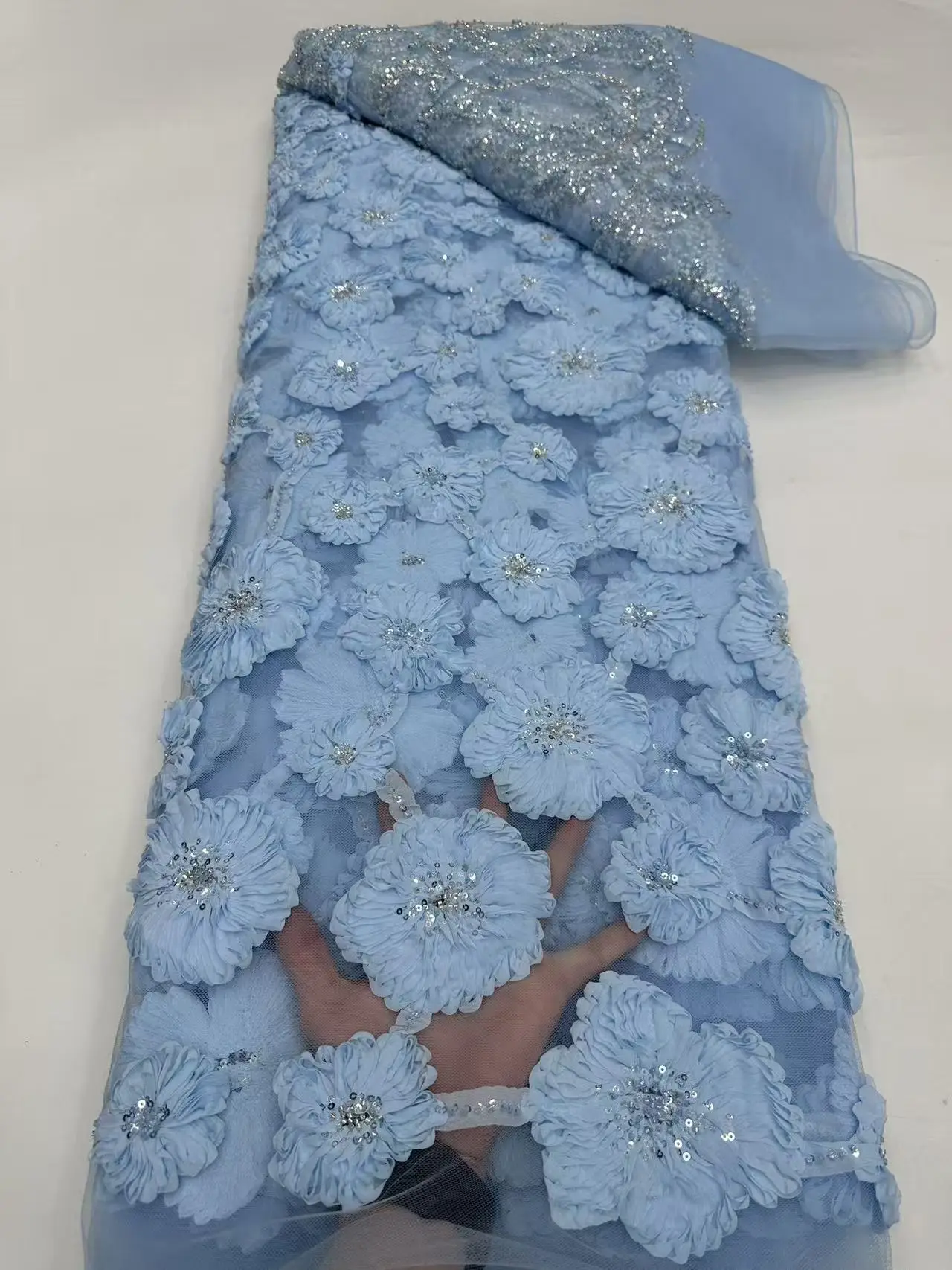 

Sky Blue Elegant African Heavy Beaded Lace Fabric Sequin French Net Mesh Laces Fabrics for Sewing Wedding Dresses 5 Yards H178-1