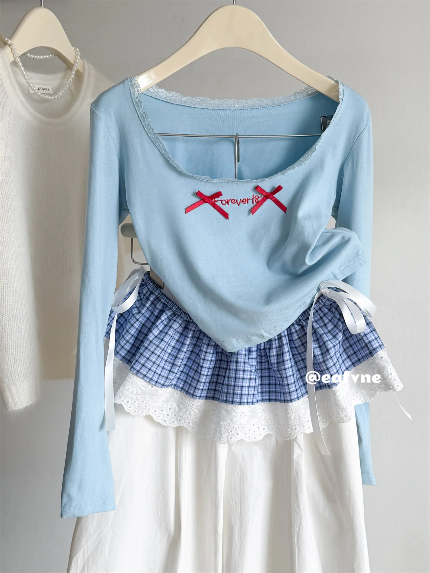 2026 New Korean Style Preppy Lace Edge Plaid Hem Scarf Women Elastic Vintage Layered Skirt Extender Spring Summer Sweatshirt