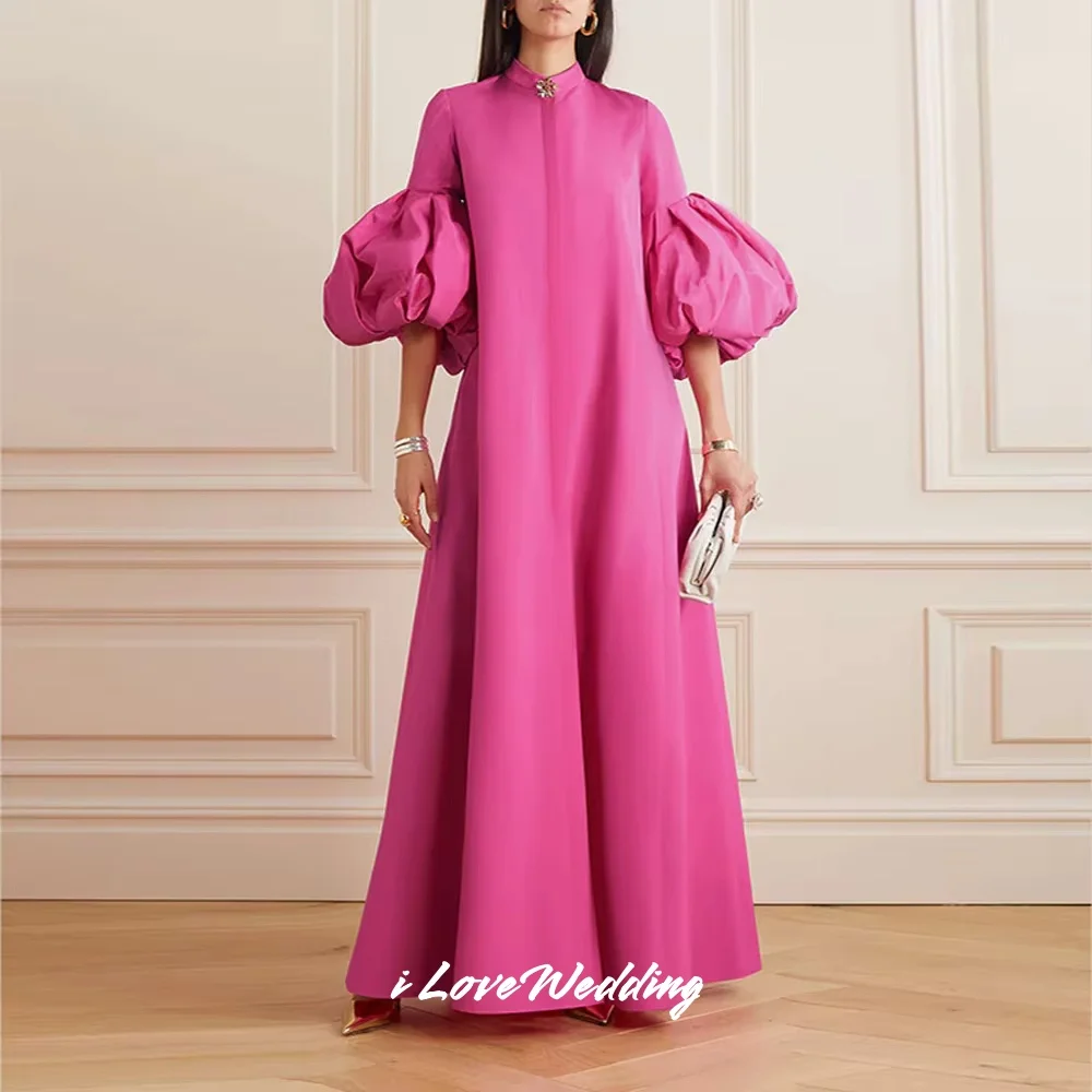

Hot Pink Evening Dresses 2025 High Neck Flowers A-Line Lantern Sleeves Pleated Floor-Length Wedding Guest Dresses Customized
