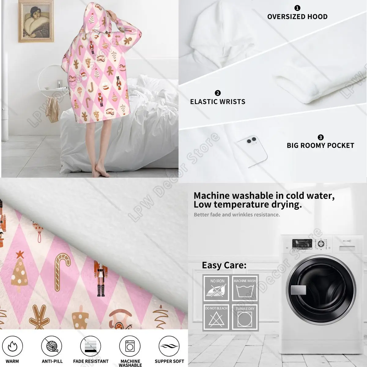 عيد الميلاد الزنجبيل سانتا كسارة البندق اللعب بطانية هوديي المتضخم يمكن ارتداؤها هدايا عيد الميلاد البلوز بطانية هدايا دافئة للنساء فتاة