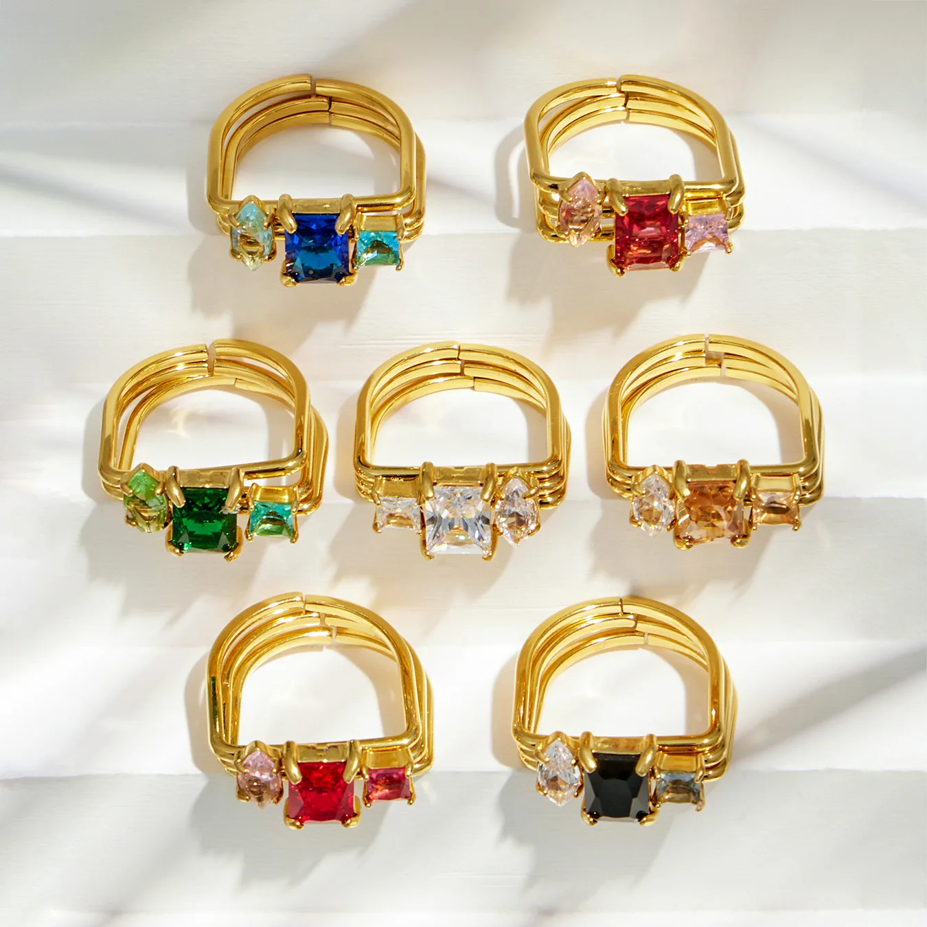 3-teiliges Edelstahlring-Set, 3-in-1 Stapelringe, 18K vergoldete Ringe, bunte Zirkon-Dreifachringe für Damen – Detail 9
