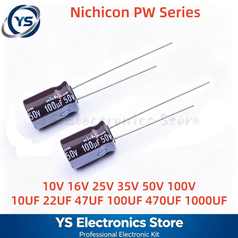 10pcs Nichicon PW Electrolytic Capacitors 10V 16V 25V 35V 50V 63V 100V 10UF 22UF 47UF 100UF 2200UF 470UF 820UF 1000UF 2200UF NEW