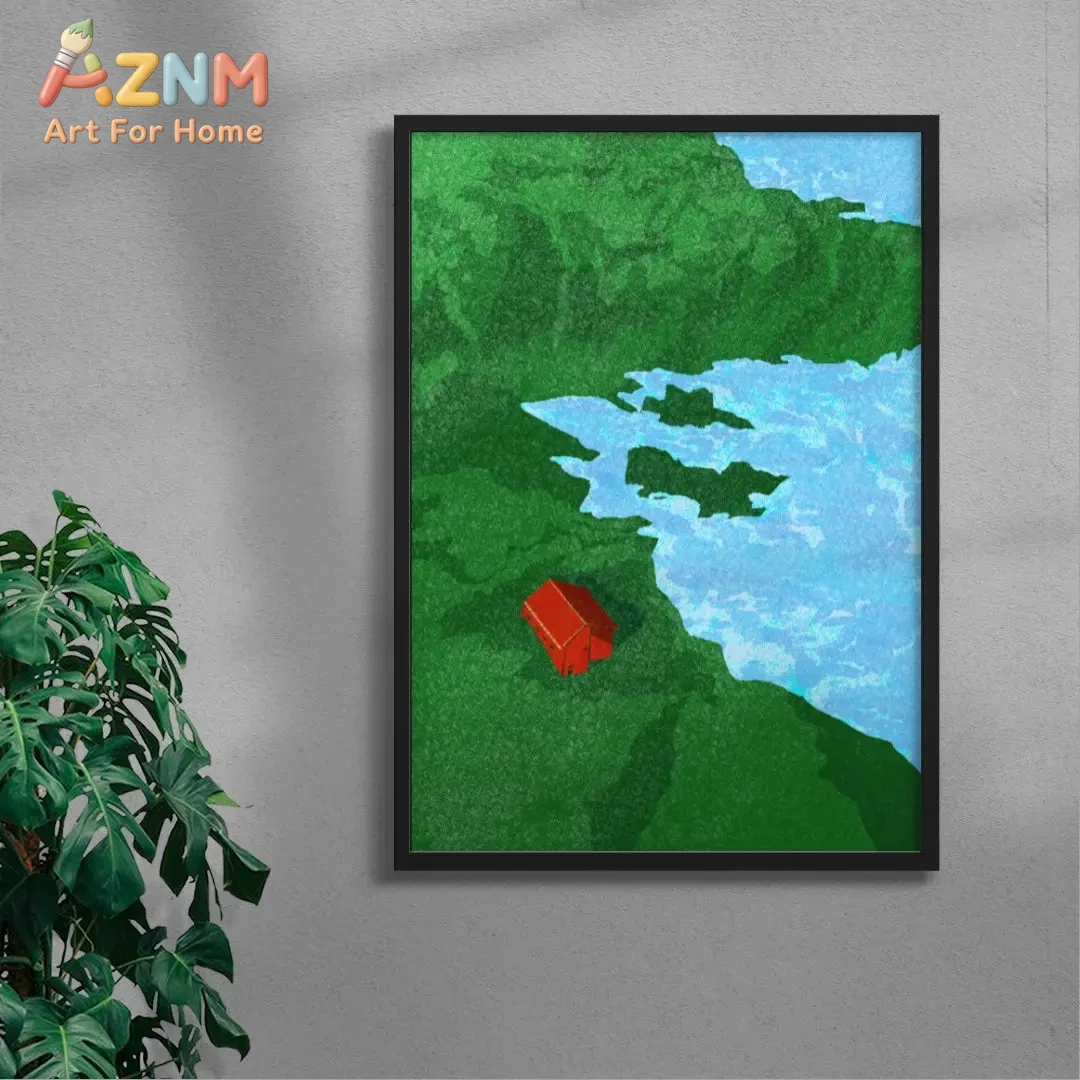 

Скандинавский пейзаж с красным домиком на озере, настенный художественный принт - минималистичный постер с природными мотивами для домашнего декора