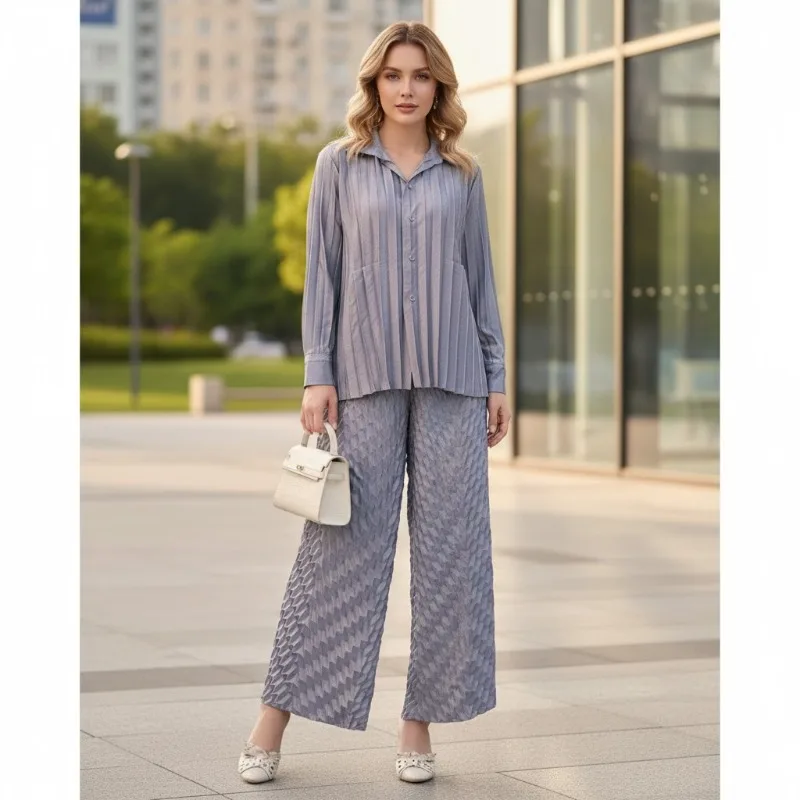 

Miyake Pleated Pants Set Plisse 2026 Spring Summer New Fold Clothes Casual Suit Women 2-piece Loose Shirt Pleats Straight Pants