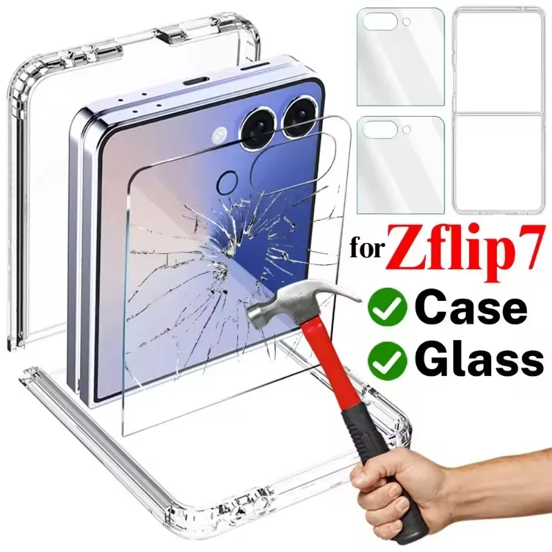 Hülle mit gehärtetem Glas für Samsung Galaxy Z Flip 7, Displayschutzfolien, ultradünn, transparent, harte PC-Telefonabdeckung für Z Flip7