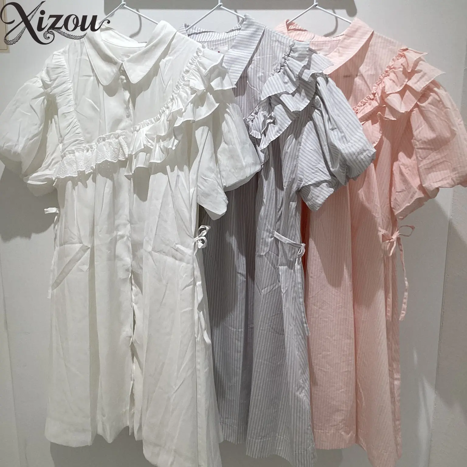 일본식 가슴 프릴 신선한 줄무늬 버드 짧은 소매 드레스 여성용 여름 허리 치핑 캐주얼 셔츠 드레스 Sweet