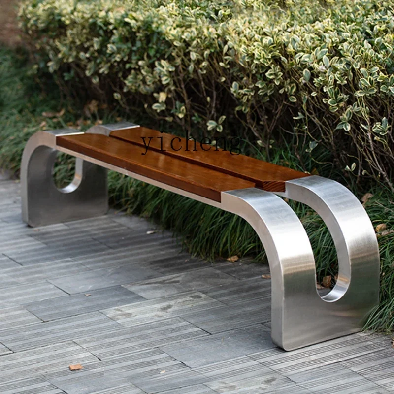 ZC Stainless Steel Park Chair Outdoor Bench Antiseptic Wood Strip Garden Seat