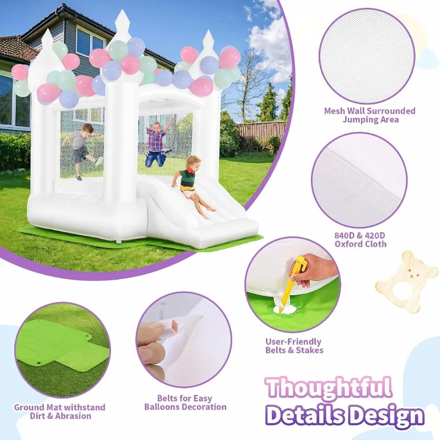 Casa inflable de rebote blanca para celebración, con soplador UL, portátil, Castillo hinchable 3 en 1 de color blanco sonroso para patio trasero interior y exterior