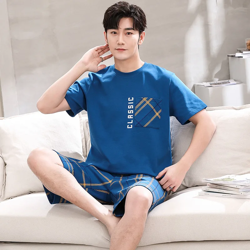 

2023 Cotton Sleepwear For Men O Neck Short Sleeping Tops Plaid Shorts Pajamas Set Man Home Suit Pjs pijama masculino