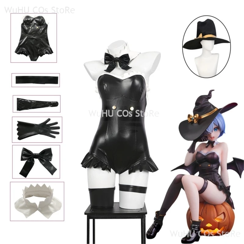 

Anime Re:Life In A World From Different Zero Rem Ram Cosplay Bunny Girl Sexy Black Jumpsuit Pu Leather Women Halloween Roleplay