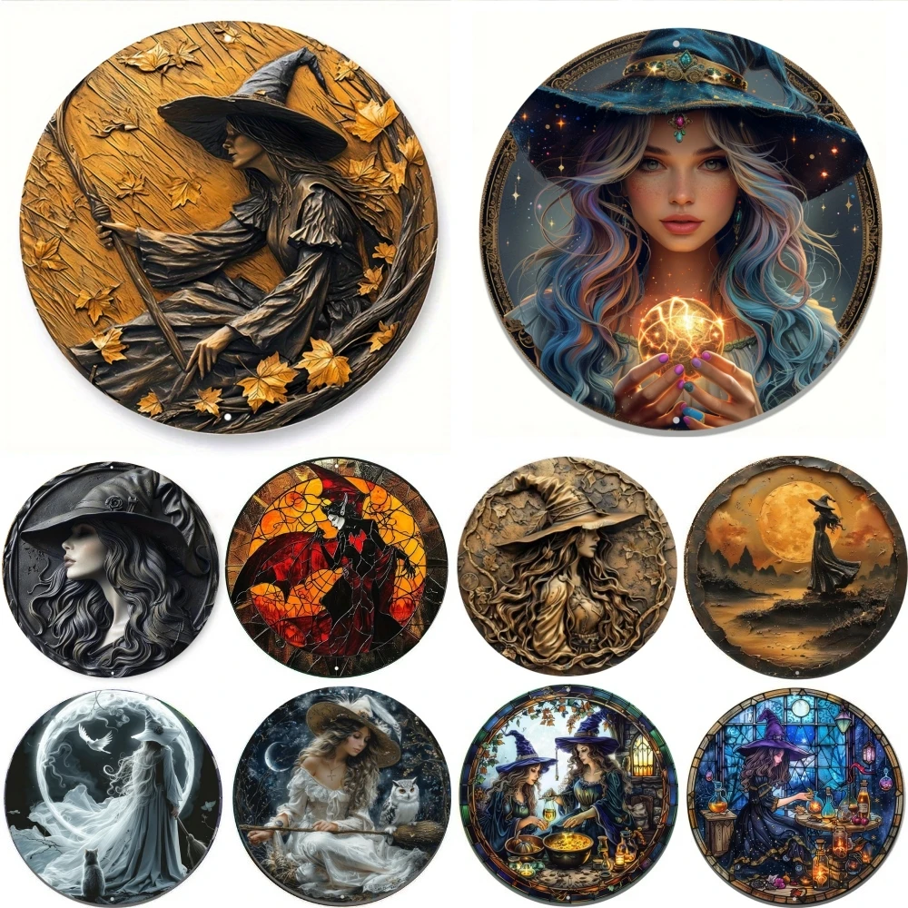 Pumpkin Halloween Witch Round Metal Aluminum Sign Art Desktop Decorative Plates for Bar Cafe Club Yard Home Office Wall Decor