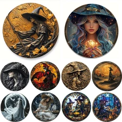 Pumpkin Halloween Witch Round Metal Aluminum Sign Art Desktop Decorative Plates for Bar Cafe Club Yard Home Office Wall Decor