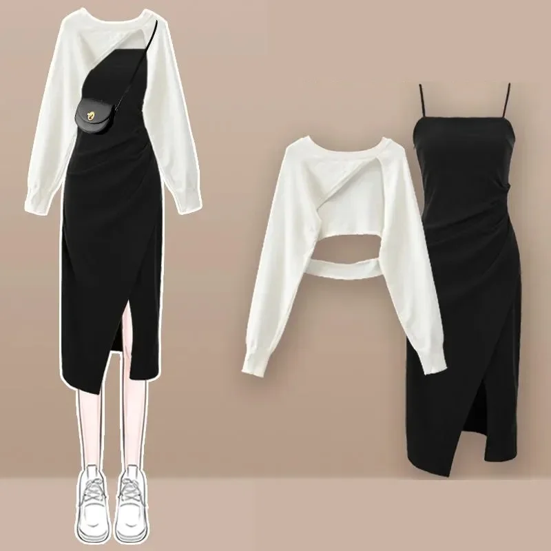 

Женская осенняя новая винтажная короткая вязаная блузка + юбка-слинг с разрезом, костюм из 2 предметов, корейский элегантный топ с длинными рукавами, одинаковый комплект 2023 года