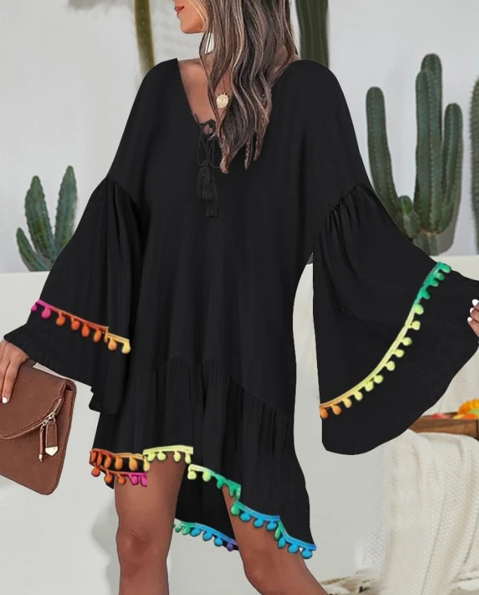 

Color blocked V-neck bell shaped sleeves A-line fringe mini dress for women's fashionable casual vacation dress for women's wear