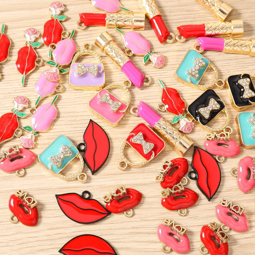 Tusember 10 Stück Mix Niedliche Kuss-Rosenblüten Rote Lippen Lippenstift-Anhänger für Schmuckherstellung Halsketten Ohrringe Armbänder DIY – Detail 1