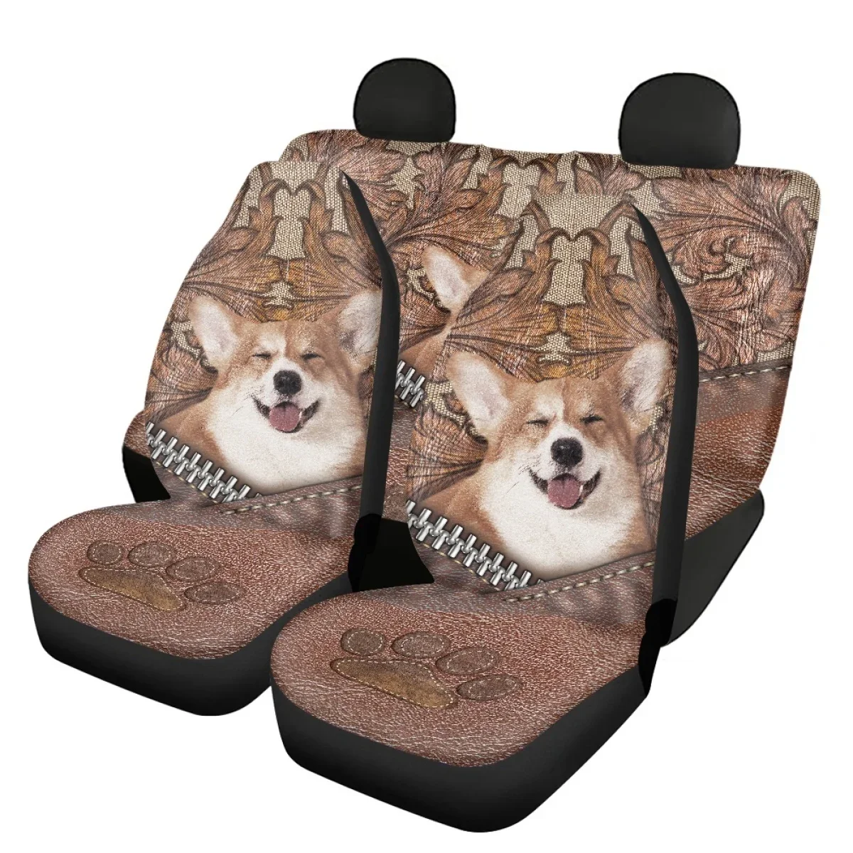 Cute Corgi 3D Leather Design Car Front and Rear Automobile Seat Protector Dog Paw Print Anti-Slip Car Seat Cushion