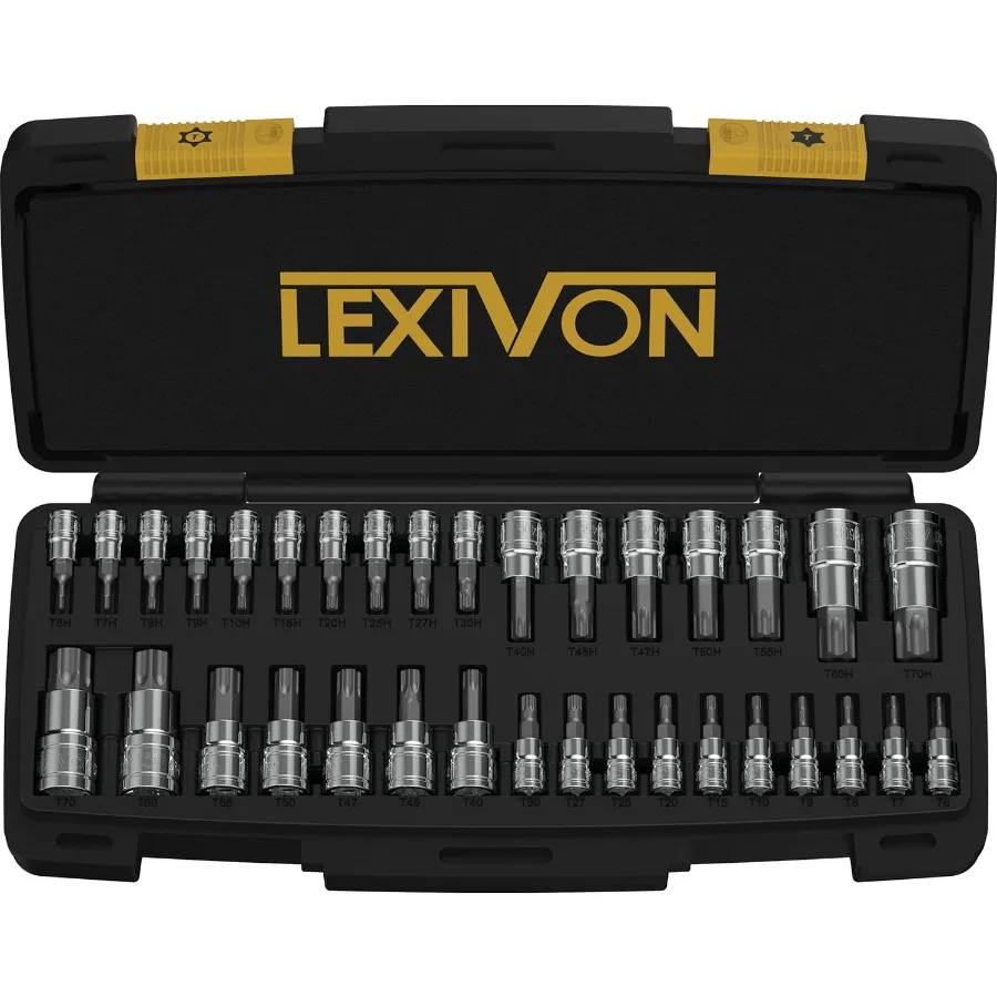 LEXIVON Master TORX Juego de casquillos de acero de aleación premium S2 | Estrella sólida completa de 34 piezas y a prueba de manipulaciones T6 ~ T70 | S mejorado