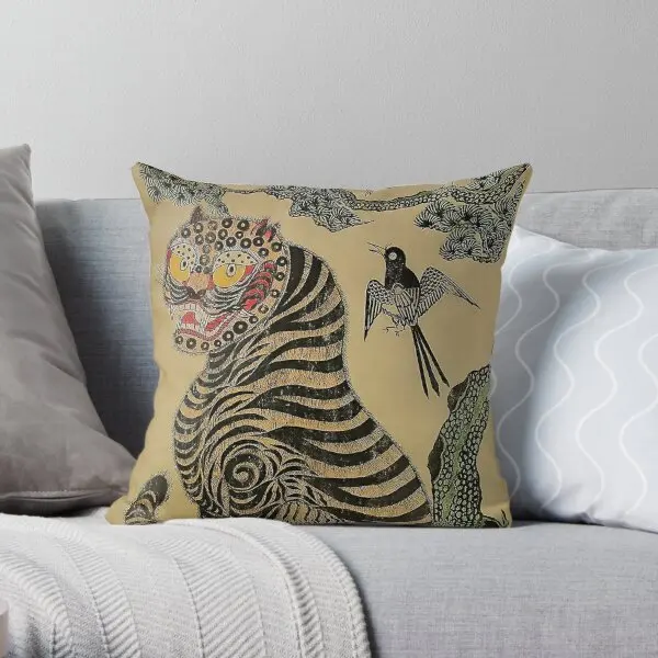 Striped Vintage Minhwa Tiger And Magpie  Printing Throw Pillow Cover Car Hotel Throw Decor Waist Pillows not include One Side