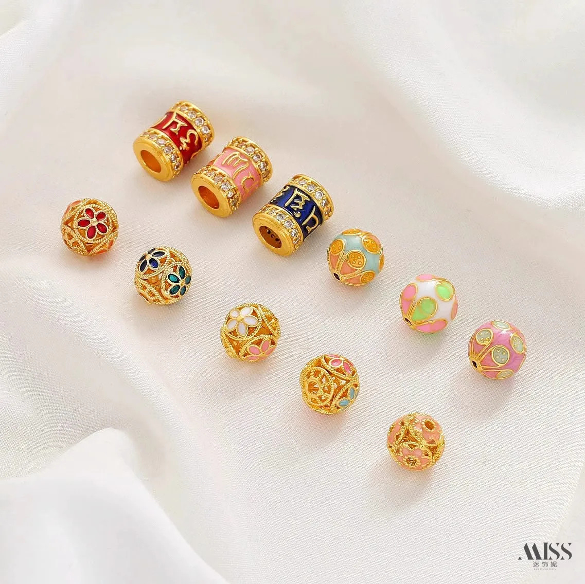 

18K Gold Plated Cloisonné Enamel Omkara Barrel Beads Hollow Flower Round Spacer Beads for DIY Jewelry Making