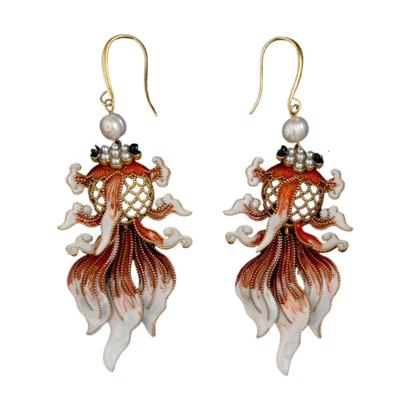 

Серьги из натурального пресноводного жемчуга, ручная роспись, эмаль, кои, средневековые серьги, окрашенные полые серьги