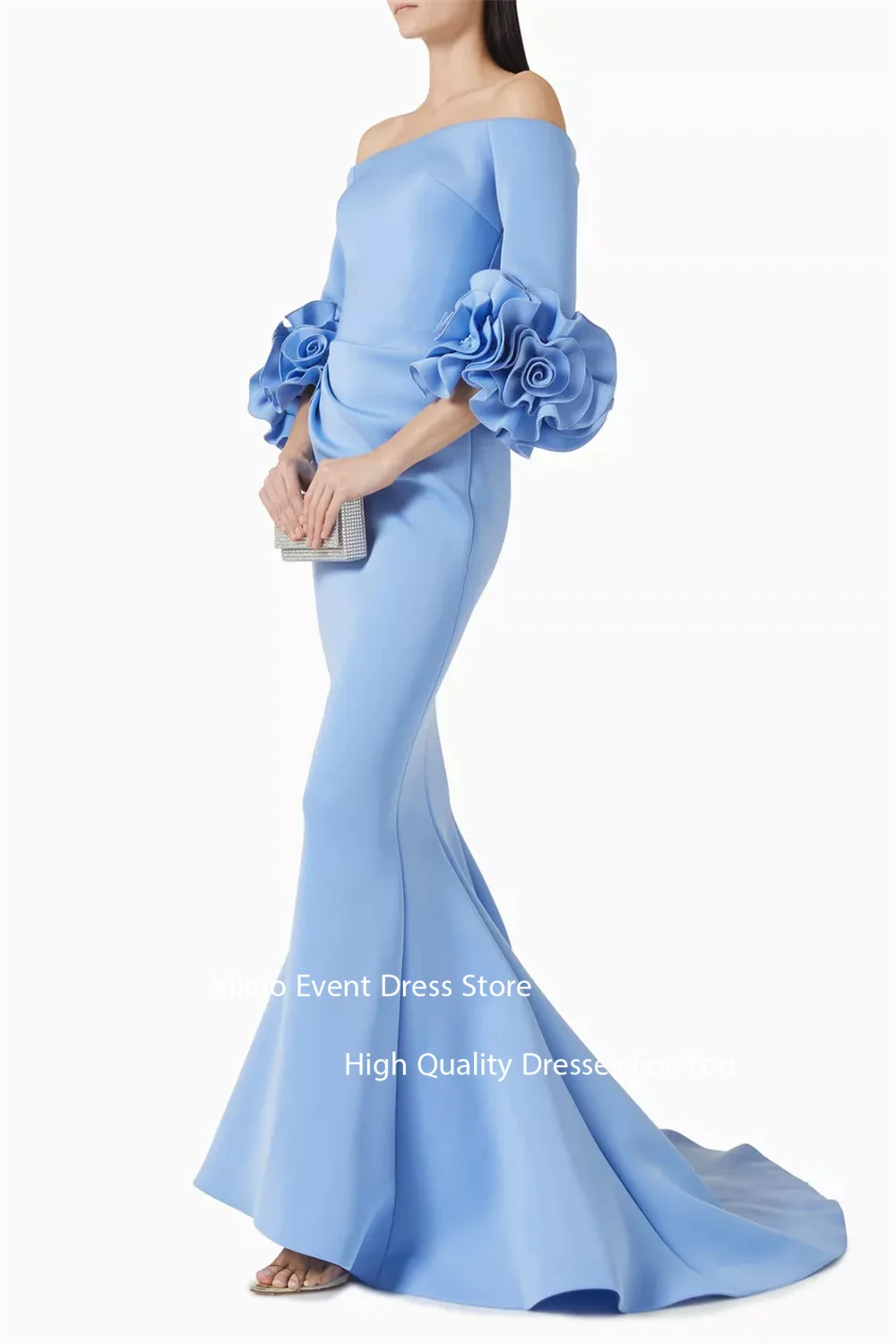 Xikuo Abendkleid aus rotem Satin mit drapierter Schleppe, schulterfrei, Robe de Soirée, gerüschte Blumenärmel, formelle Partykleider, individuell gestaltet