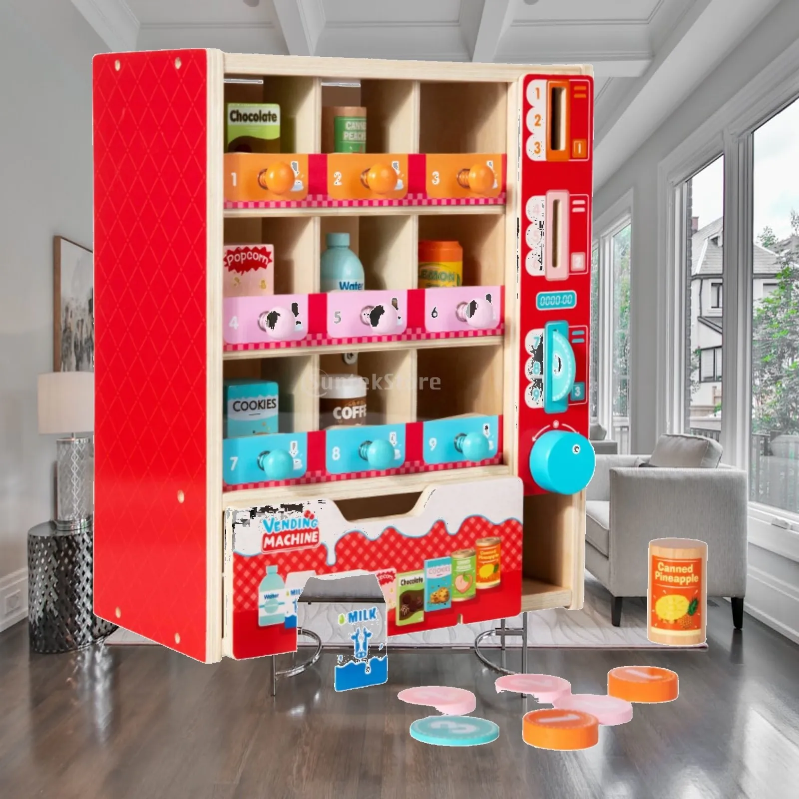 Children Wooden Pretend Vending Machine Store Toy with Snack Tins and Play Money for Interactive Learning