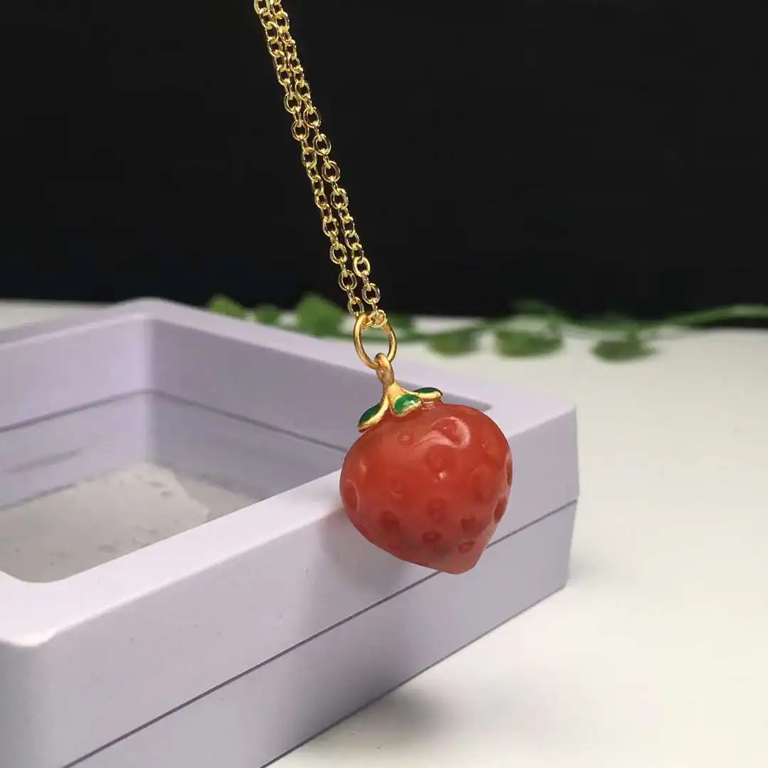 Unit One Piece Natural Red Southern Agate Gemstone Crystal Strawberry Carving Necklace Pendant With 925 Silver Chain