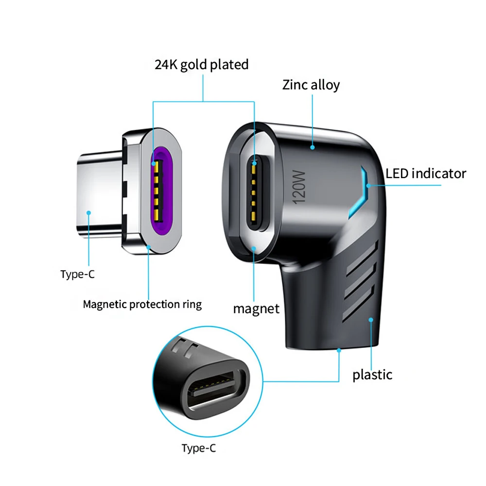 Elough 120W USB C To Type C Magnetic Adapter Fast Charging USB Type C Magnet Converter 90 Degree Usbc Connector Magnetic