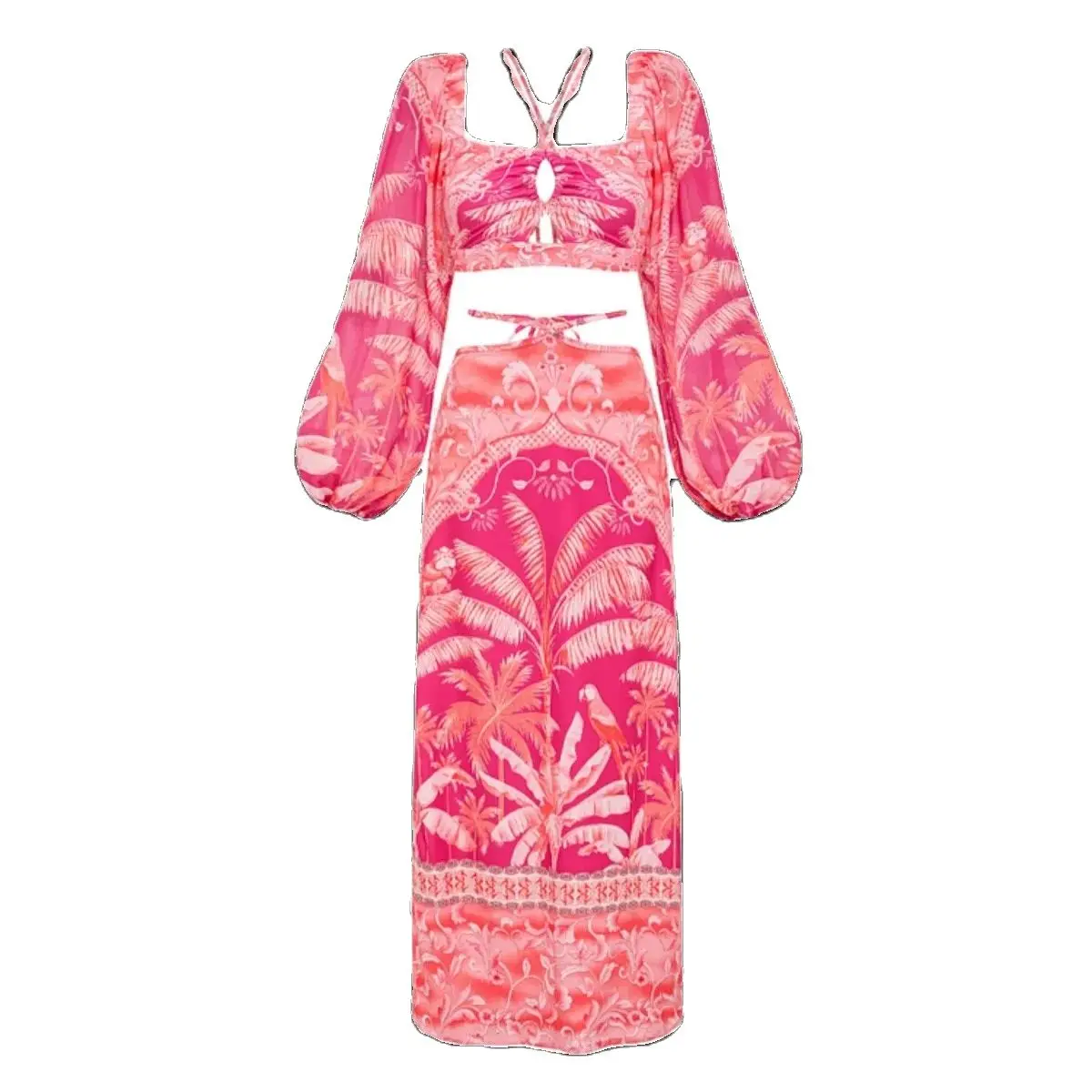 

Bohemian Vacation Beach Two Piece Set Women Halter Bandage Backless Short Tops Skirt Suit Summer Beachwear Saida de Praia Tunic