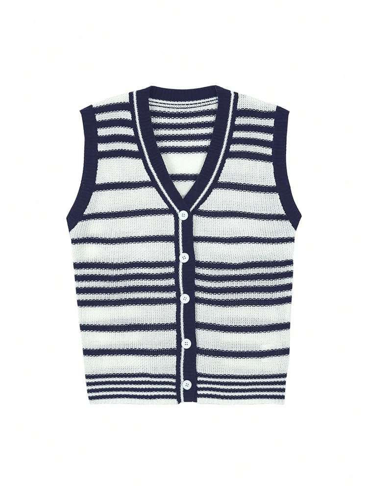 

Women's Temperament Versatile V-Neck Striped Woolen Vest Cardigan Jacket Fashion Design Daily Travel Sweater