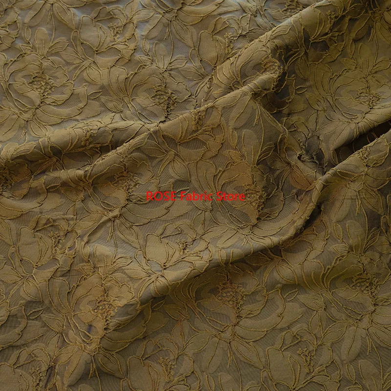 1 meter Autumn Winter Brown Coffee Embossed Flower Yarn Dyed Jacquard Fabric Retro Dress Suit Decorative Sewing Fabric