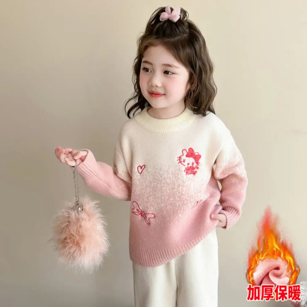 

Sanrio Hello Kitty Girls Cartoon Cat Gradient Mink Velvet Sweater Autumn Winter New Thickened Bottoming Top Children's Clothing