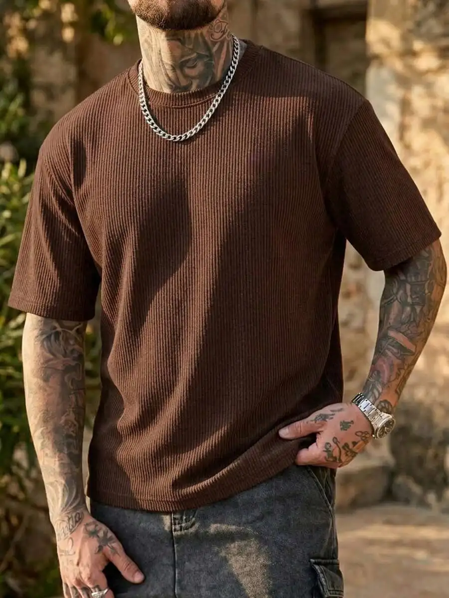 

Mens Casual Loose Fit Round Neck Short Sleeve T-Shirt Coffee