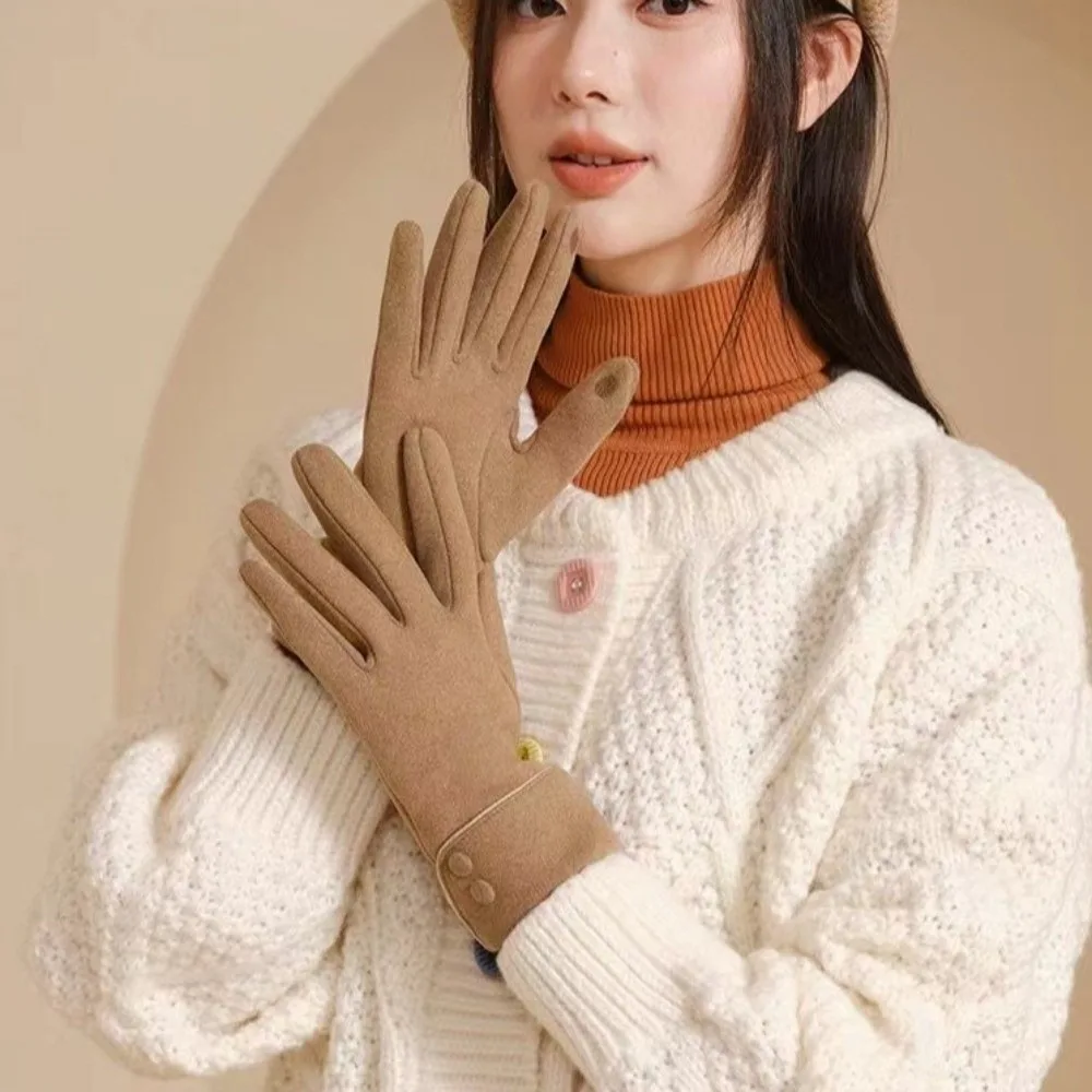 

Vintage Thickened Women Suede Gloves Full Finger Touch Screen Gloves Windproof Keep Warm Winter Mittens Sports