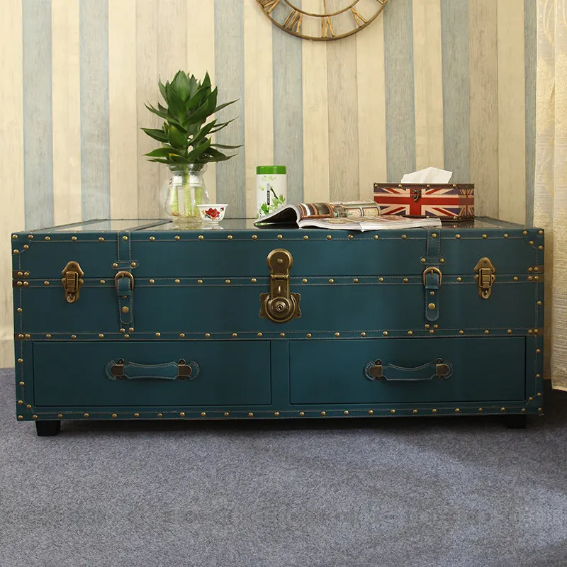 Solid wood open lid double pumping retro coffee table European leather big box props coffee table