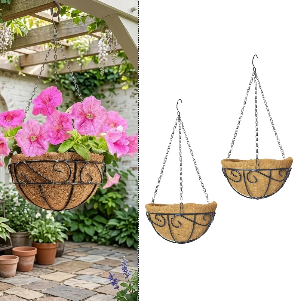 2 Pack Hanging Planters with Hooks Metal Construction Coconut Coir Liner for Healthy Root Growth 12 in and 14 in Indoor Outdoor